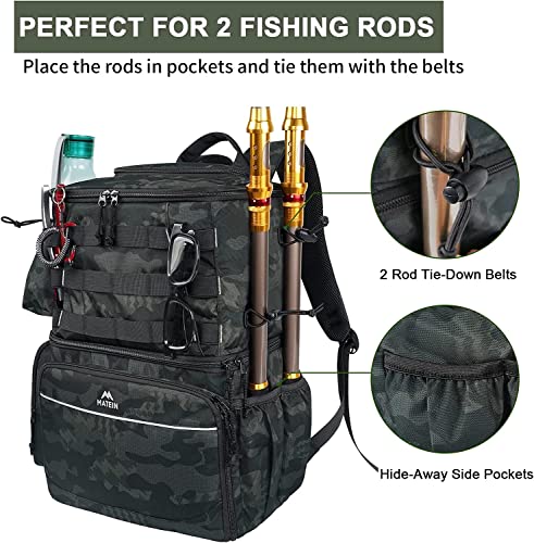MATEIN Fishing Tackle Backpack with Cooler, Large Fishing Bag with Rod Holders for 4 Trays (Trays Not included), Saltwater Resistant Tackle Bag with Waterproof Bottom for Fishing Gear Pole Lures