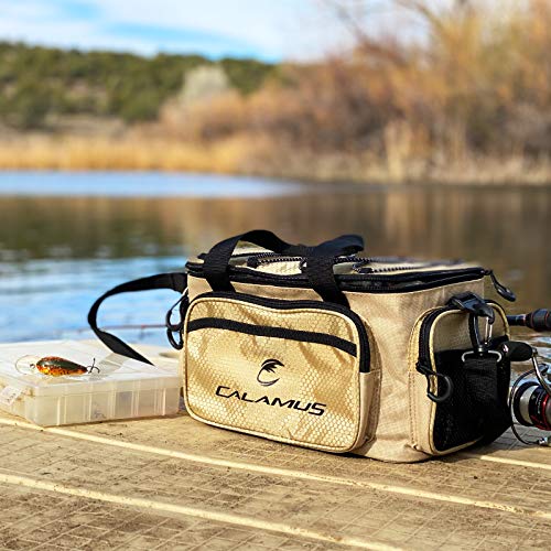 Calamus Fishing Tackle Bags - Fishing Bags for Saltwater or Freshwater Fishing - Rip-Stop PE - Padded Shoulder Strap - Pliers Storage -Khaki