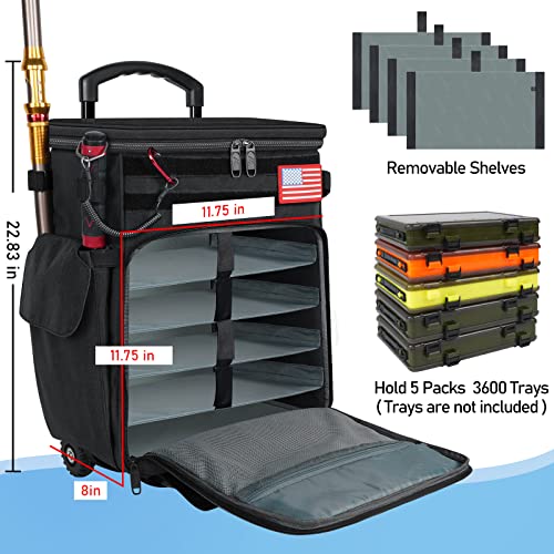 MATEIN Rolling Tackle Box with Cooler, Large Fishing Bag with Wheels for 5 Trays(Trays Not Included), Saltwater Resistant Tackle Backpack with Rod Holders&Waterproof Bottom for Storage Gear Pole Lures