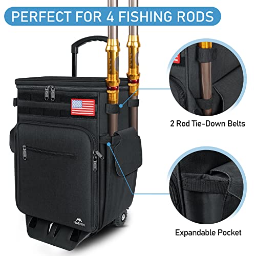 MATEIN Rolling Tackle Box with Cooler, Large Fishing Bag with Wheels for 5 Trays(Trays Not Included), Saltwater Resistant Tackle Backpack with Rod Holders&Waterproof Bottom for Storage Gear Pole Lures
