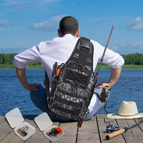 DEILAI Fishing Backpack Tackle Bag with Rod Holder Waterproof Gear Sling Backpack Fishing Storage Backpack Shoulder Bag Fishing Gift for Men and Women for Fishing,Hiking,Travel,Hunting,Black