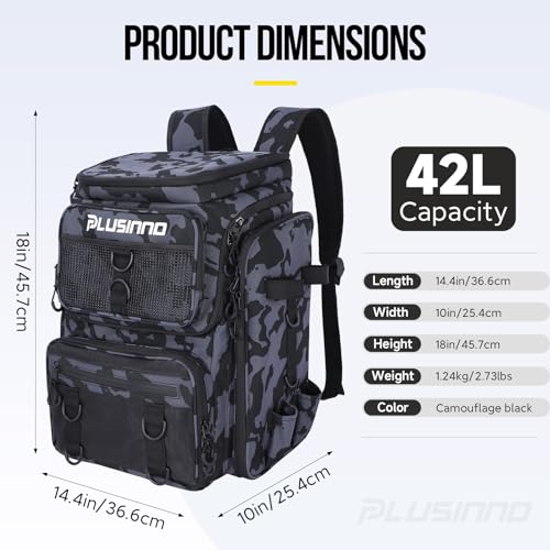 PLUSINNO Fishing Backpack with Rod Holders, 42L Large Water-resistant Fishing Tackle Bag Store Fishing Gear for Fishing, Camping, Hiking, Fishing Gifts for Men Father, Black Camo