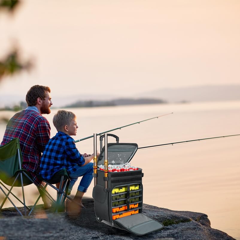 MATEIN Rolling Tackle Box with Cooler, Large Fishing Bag with Wheels for 5 Trays(Trays Not Included), Saltwater Resistant Tackle Backpack with Rod Holders&Waterproof Bottom for Storage Gear Pole Lures
