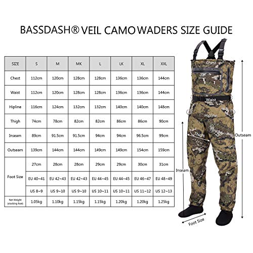 BASSDASH Lightweight Veil Camo Chest Waders for Men