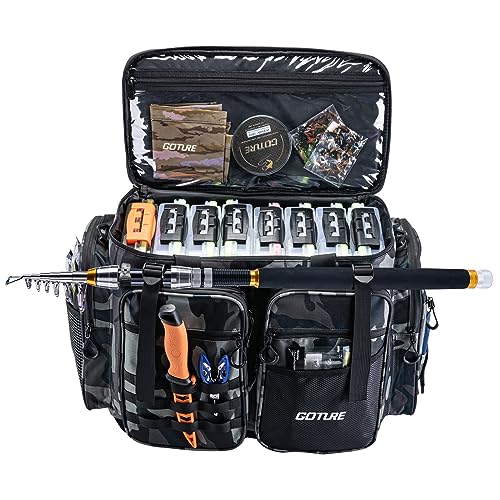 Goture Large Tackle Bag,Store Up to 8PCS 3700 Plus 4PCS 3600 Tackle Trays,Water Resistant Large Tackle Bag,Saltwater Fishing Gear Bag,Big Fishing Bag,Removable Dividers(20.8"x15.2"x11.4")-Camo
