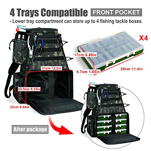 Rodeel Trout Tackle Backpack 2 Fishing Rod Holders with 4 Tackle Boxes, Large Storage for Outdoor Sports Camping Hiking