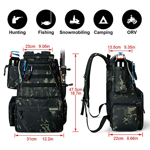 Rodeel Trout Tackle Backpack 2 Fishing Rod Holders with 4 Tackle Boxes, Large Storage for Outdoor Sports Camping Hiking