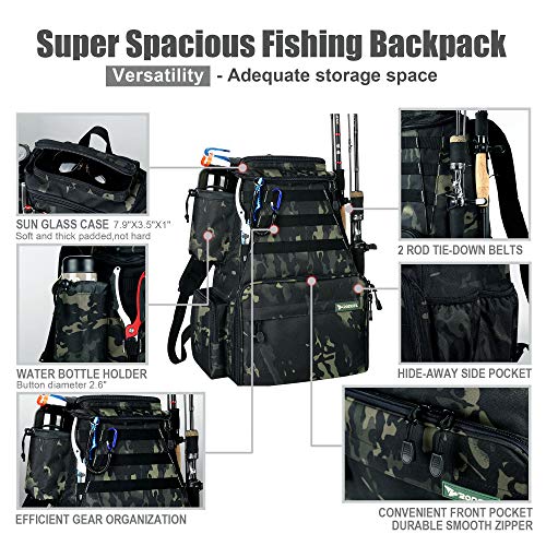 Rodeel Trout Tackle Backpack 2 Fishing Rod Holders with 4 Tackle Boxes, Large Storage for Outdoor Sports Camping Hiking