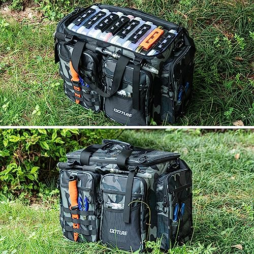 Goture Large Tackle Bag,Store Up to 8PCS 3700 Plus 4PCS 3600 Tackle Trays,Water Resistant Large Tackle Bag,Saltwater Fishing Gear Bag,Big Fishing Bag,Removable Dividers(20.8"x15.2"x11.4")-Camo