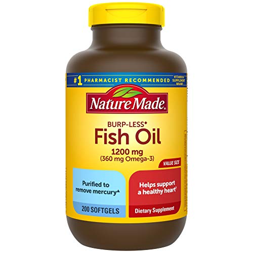 Burp-Less Fish Oil 1200 mg, 200 Softgels, Fish Oil Omega 3 Supplement For Heart Health