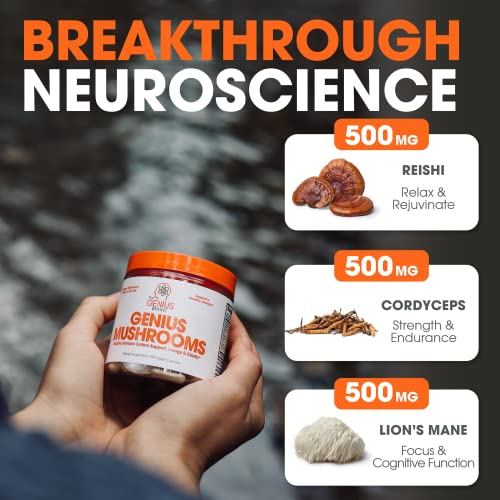 Genius Mushroom - Lions Mane, Cordyceps and Reishi - Immune System Booster & Nootropic Brain Supplement - for Natural Energy, Memory & Liver Support, 90 Veggie Pills
