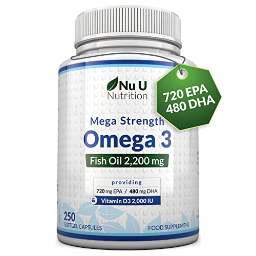 Omega 3 Fish Oil 2200mg & Vitamin D3 2000IU - 250 Capsules Over 4 Month Supply - 720mg EPA & 480mg DHA per Serving High Strength 1100mg Fish Oil per Capsule