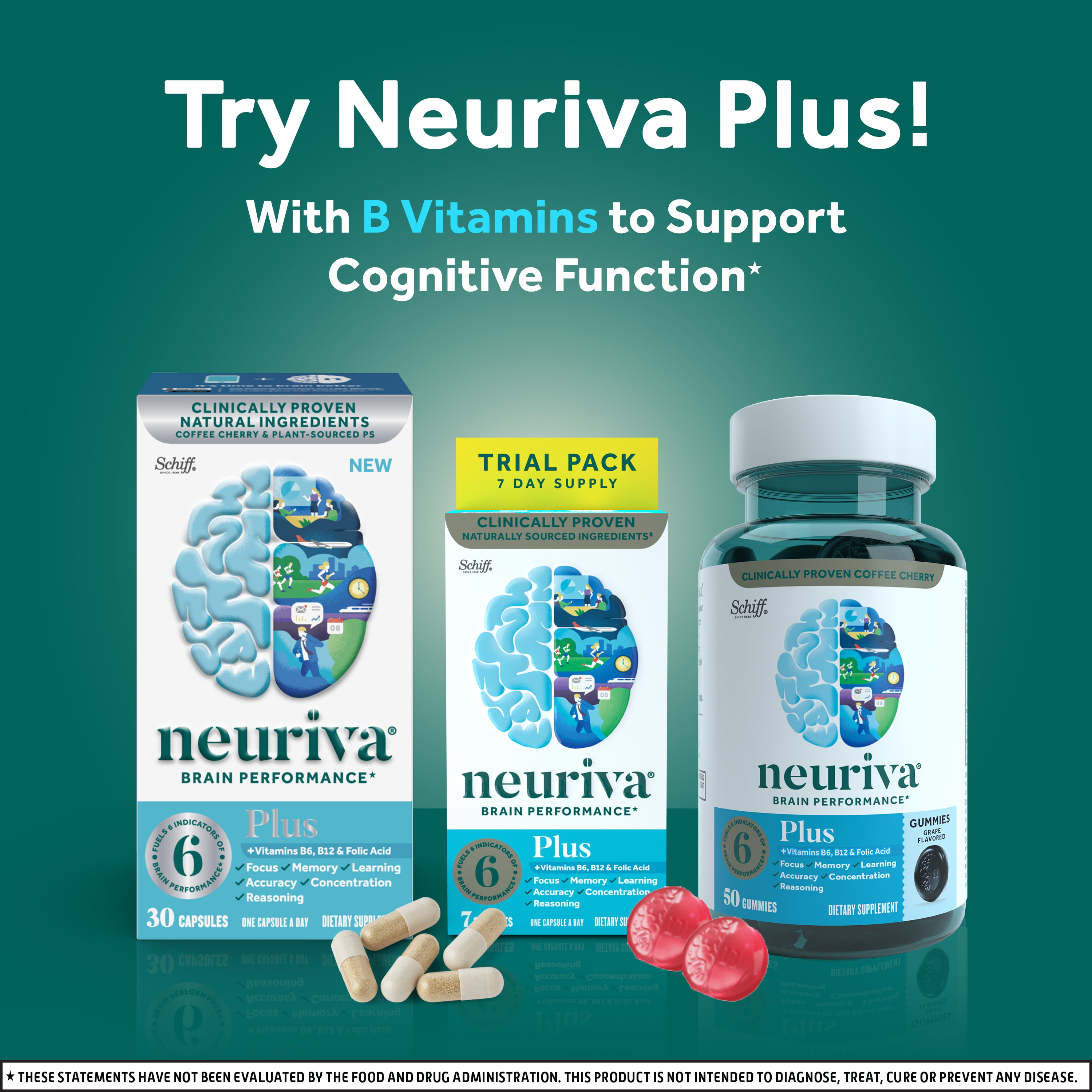 NEURIVA Original Brain Supplement for Memory, Focus & Concentration + Learning & Accuracy with Clinically Tested Nootropics Phosphatidylserine and Neurofactor, Caffeine Free, 50ct Grape Gummies