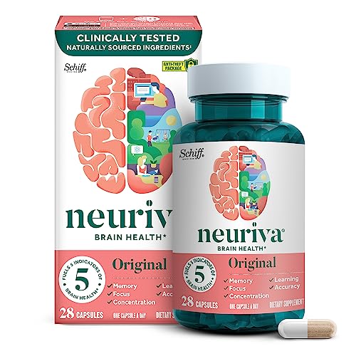 NEURIVA Original Brain Supplement for Memory, Focus & Concentration + Learning & Accuracy with Clinically Tested Nootropics Phosphatidylserine and Neurofactor, Caffeine Free, 28ct Capsules