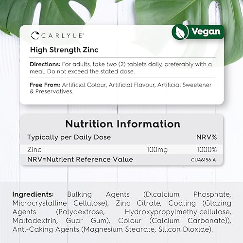 High Strength 100mg Zinc Supplements, 180 Tablets