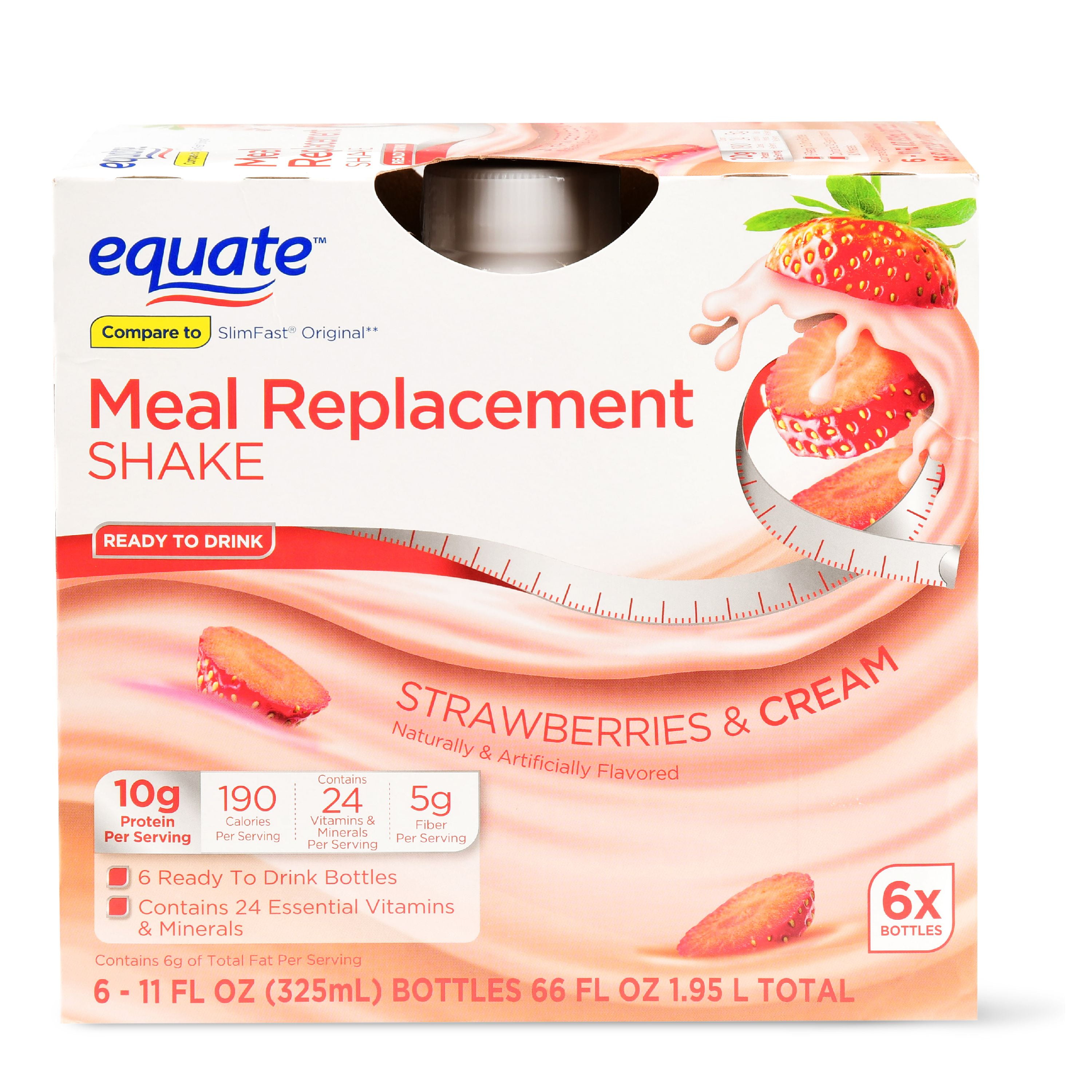 Equate Strawberries & Cream Meal Replacement Shakes, 6 Pack