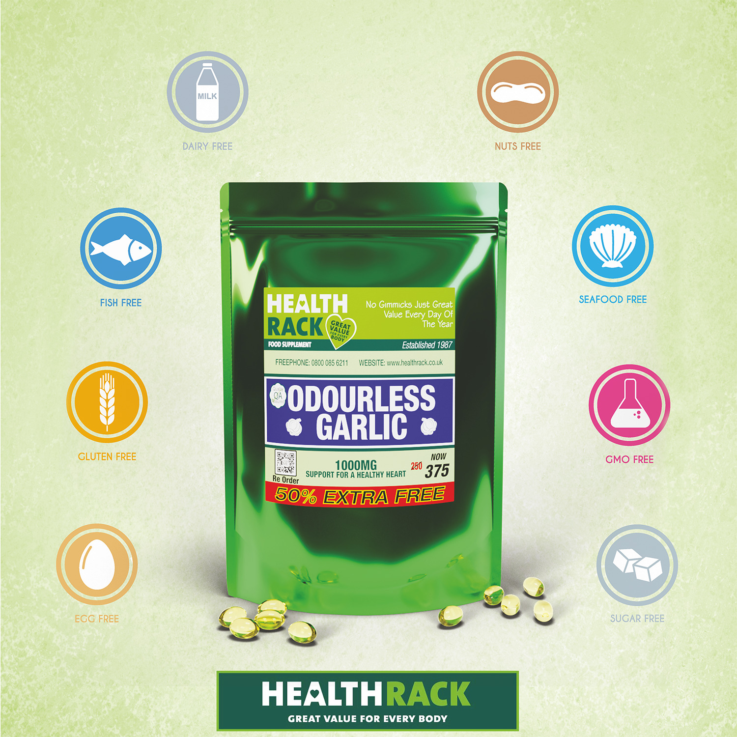 Odourless Garlic Capsules 1000mg for Immune & Heart Health