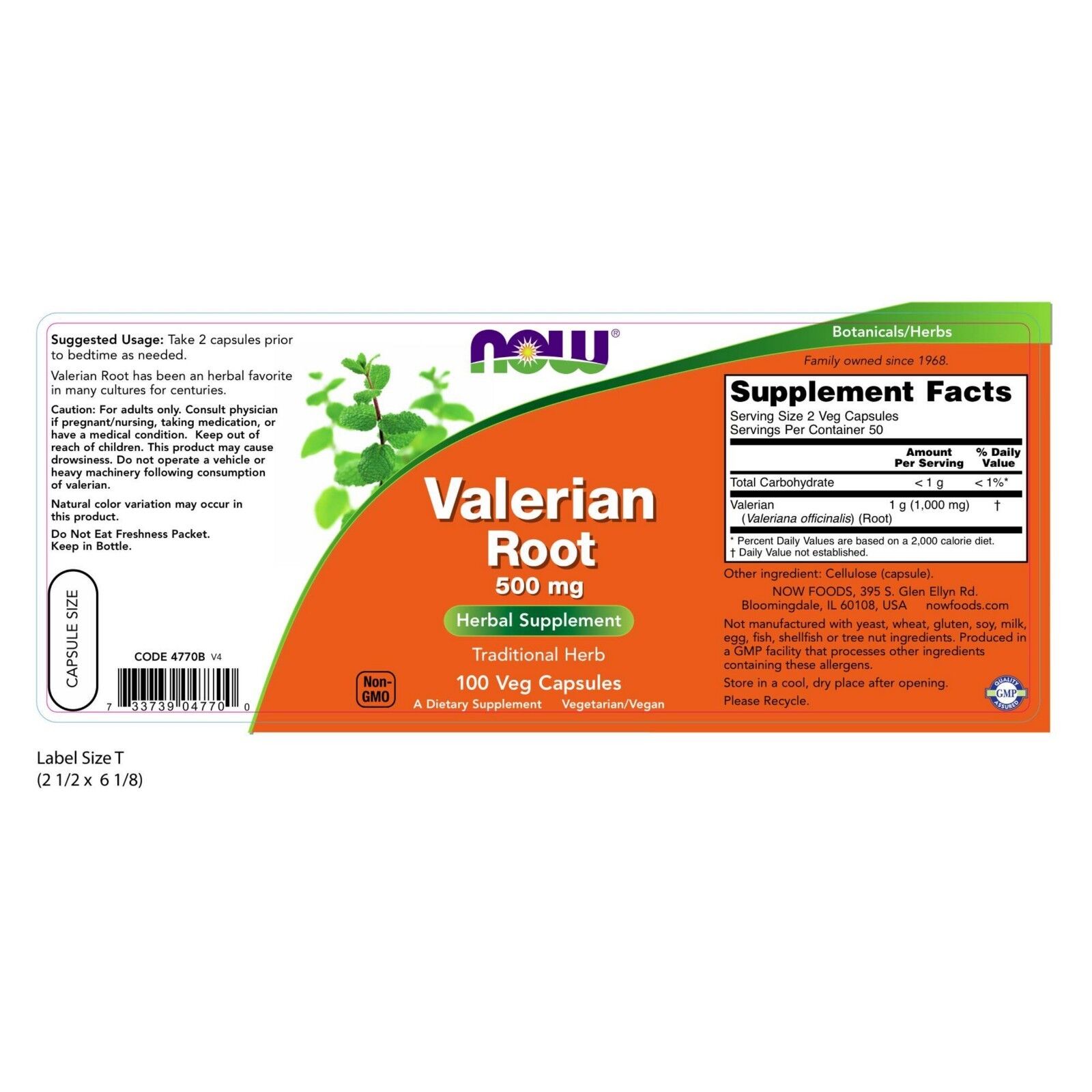 NOW Valerian Root 500 mg Herbal Supplement 100 Capsules