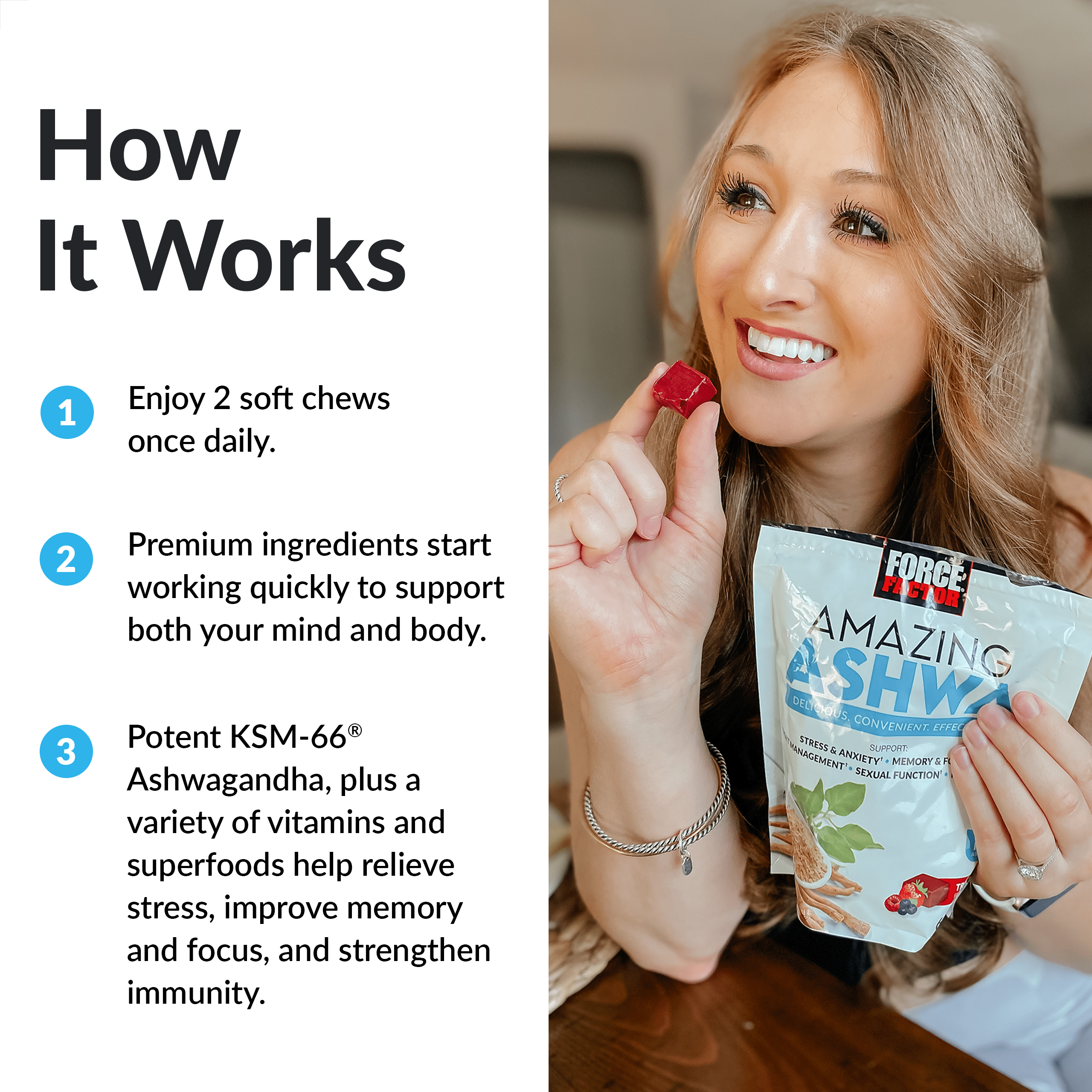 Force Factor Amazing Ashwa Stress Chews, Triple Berry