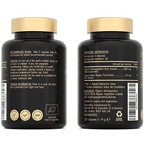 Organic Ashwagandha Capsules 1000mg - 120 Vegan