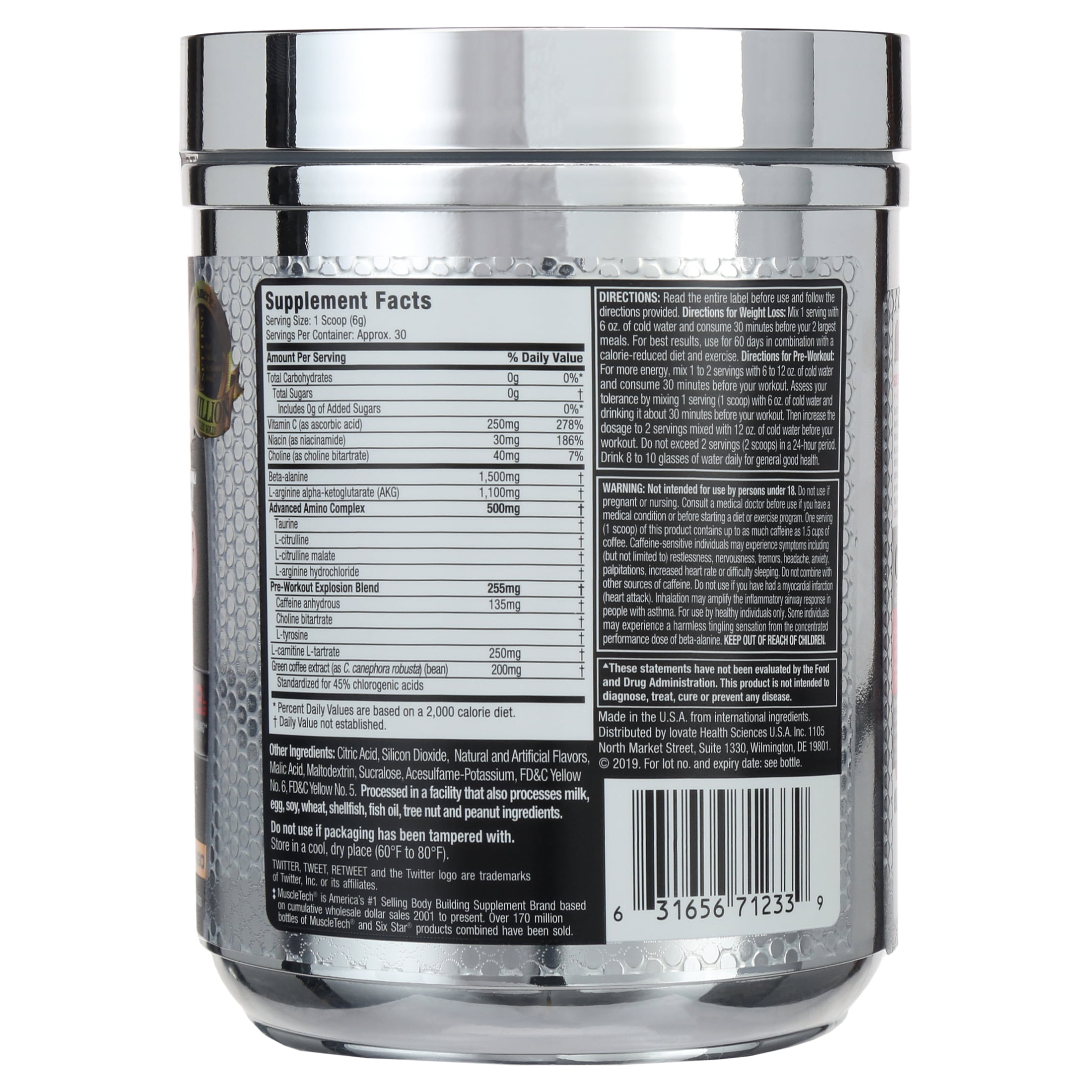 Six Star Pre-Workout Powder, Peach Mango, 30 Servings