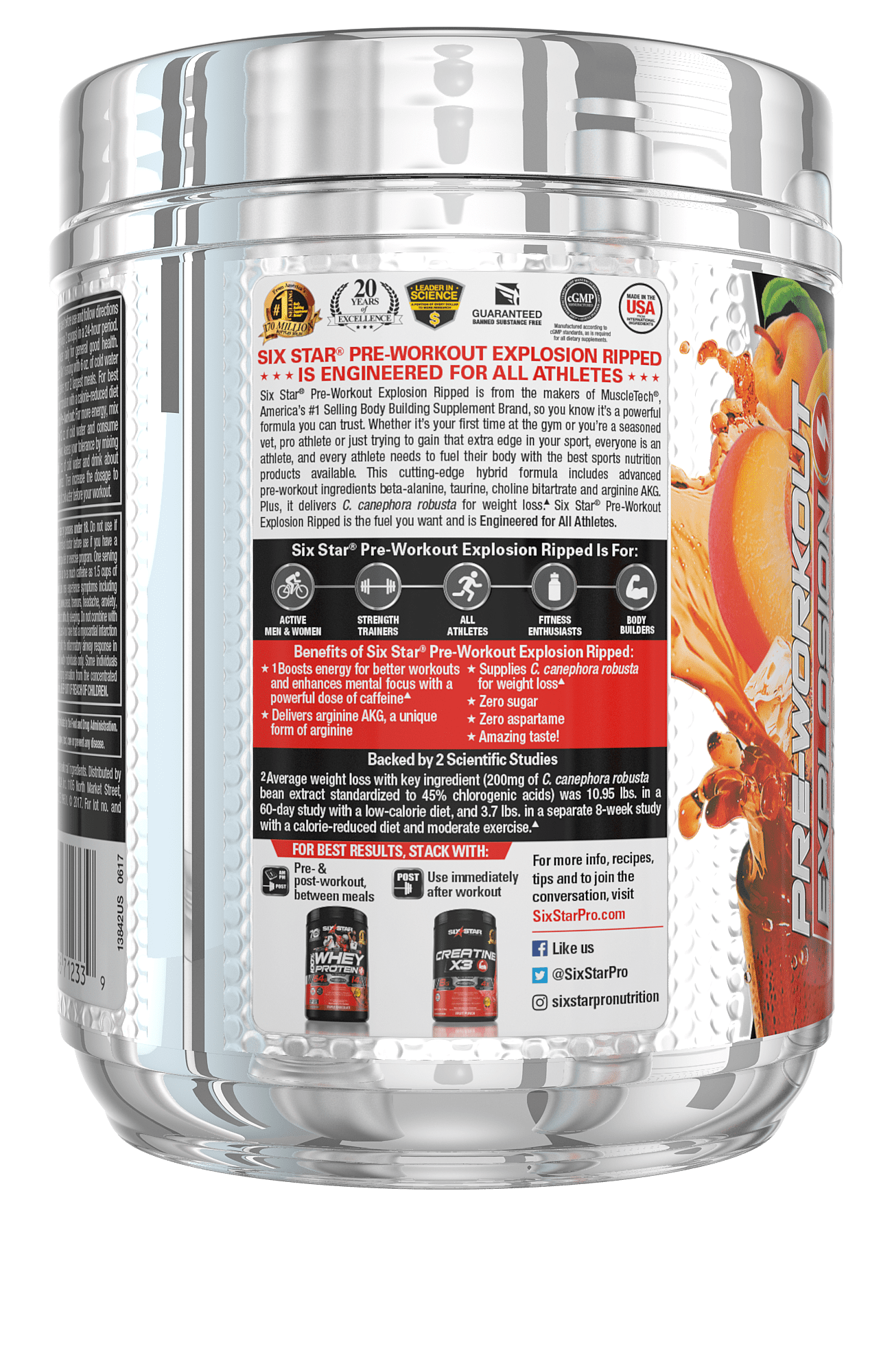 Six Star Pre-Workout Powder, Peach Mango, 30 Servings