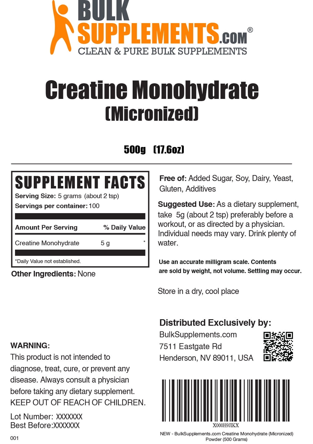 BulkSupplements Micronized Creatine Monohydrate 500g
