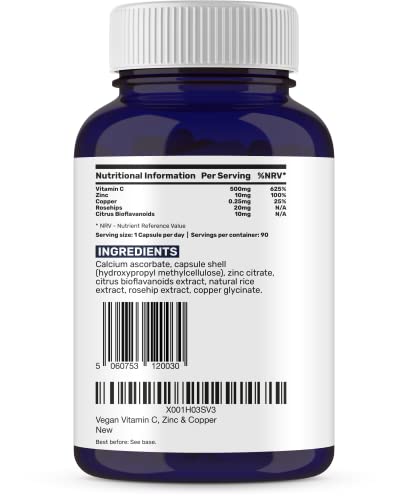 Vegan Vitamin C, Zinc & Copper Capsules, 90 Count