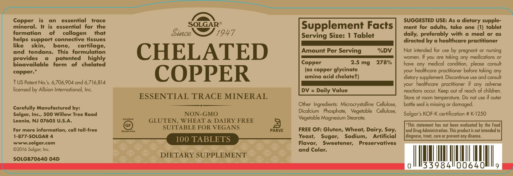 Solgar Copper Chelate Tablets - 100 Count