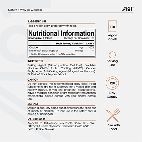 Chelated Copper 1mg with BioPerine® – 120 Vegan Tablets