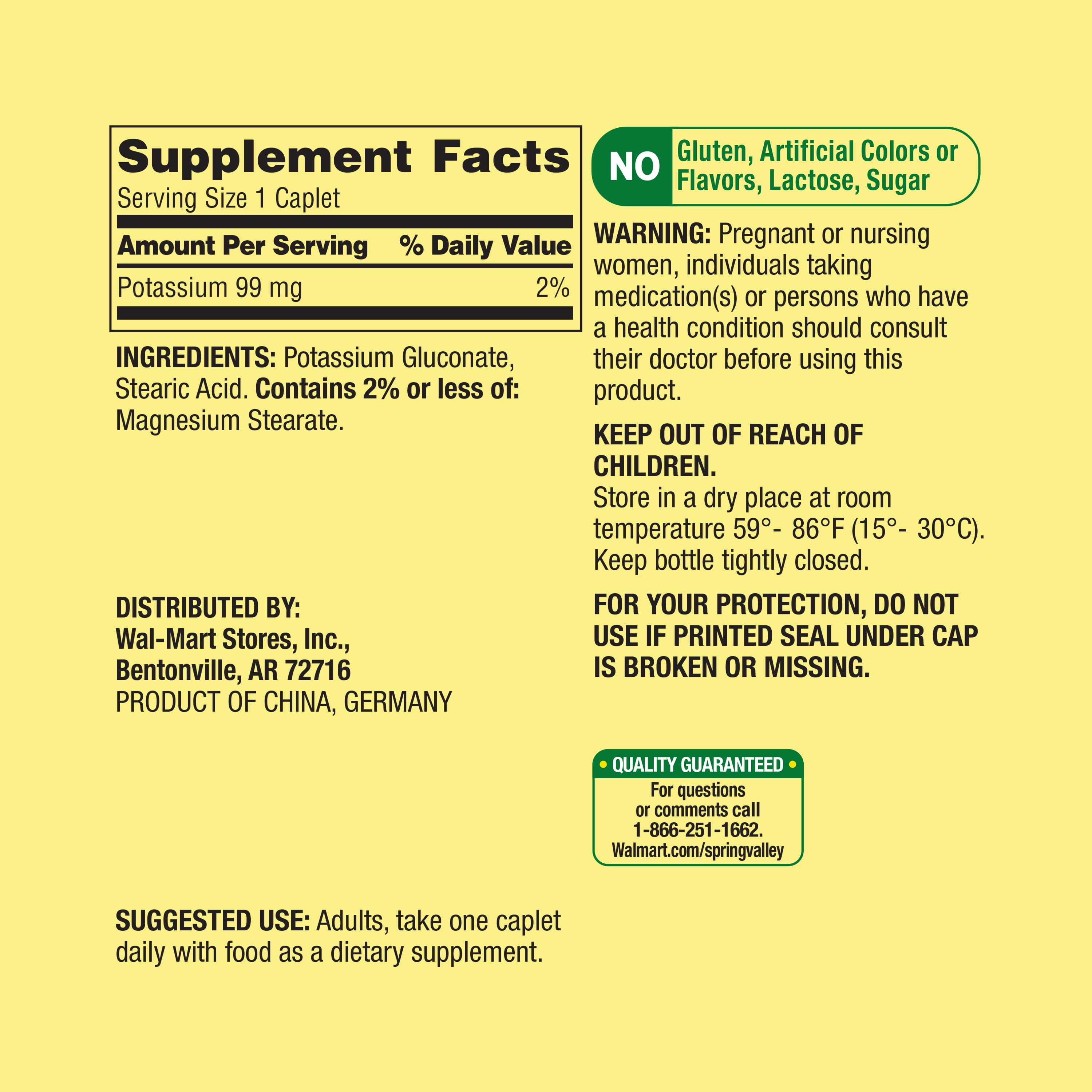 Spring Valley Potassium for Heart Health, 250 Caplets