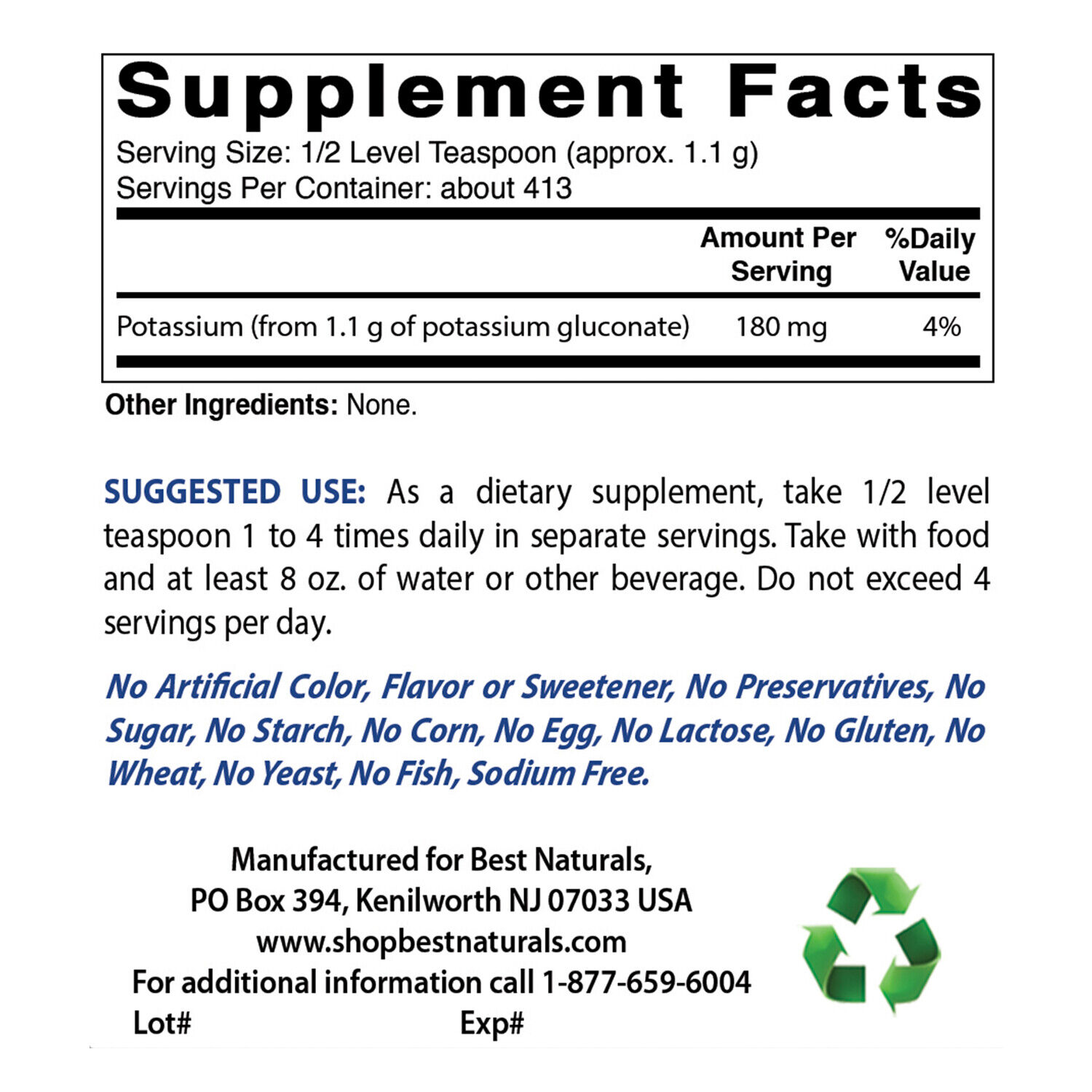 Potassium Gluconate Powder by Best Naturals, 1 lb