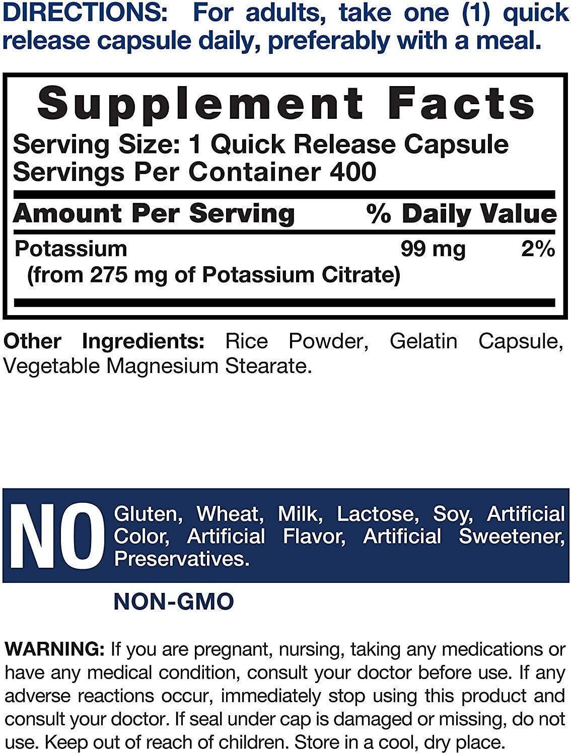 Potassium Citrate 275mg, 400 Caps, Gluten-Free