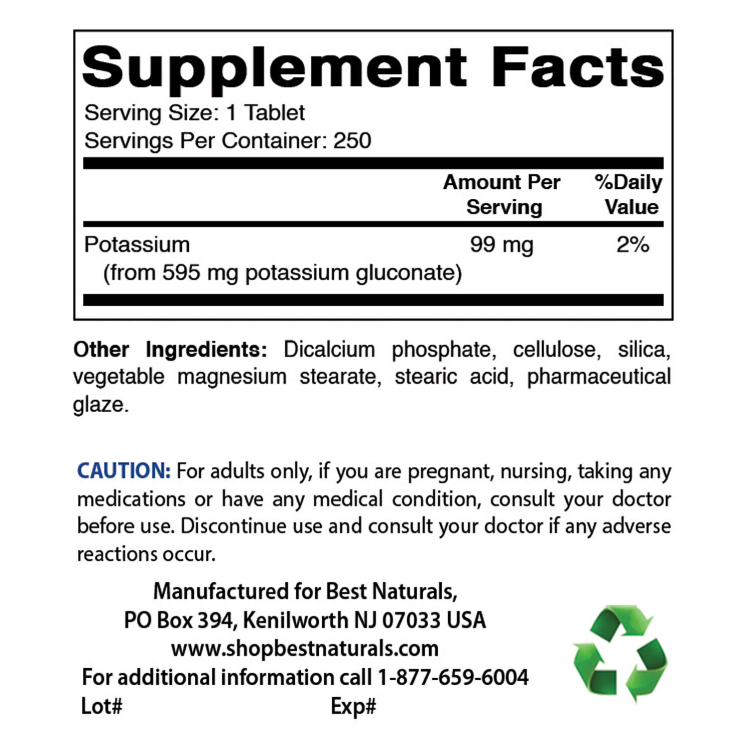 Potassium Gluconate 595 mg - 250 Tablets
