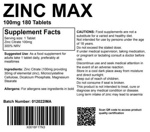 Zinc Max 100mg - 180 Tablets Mineral Boost