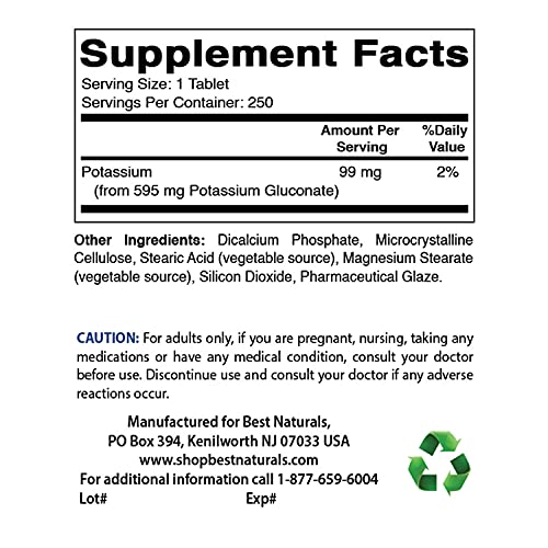 Potassium Gluconate 595 mg, 250 Tablets