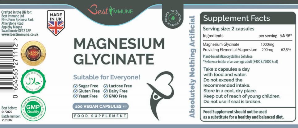 Magnesium Glycinate 500 mg - 100 Vegan Capsules