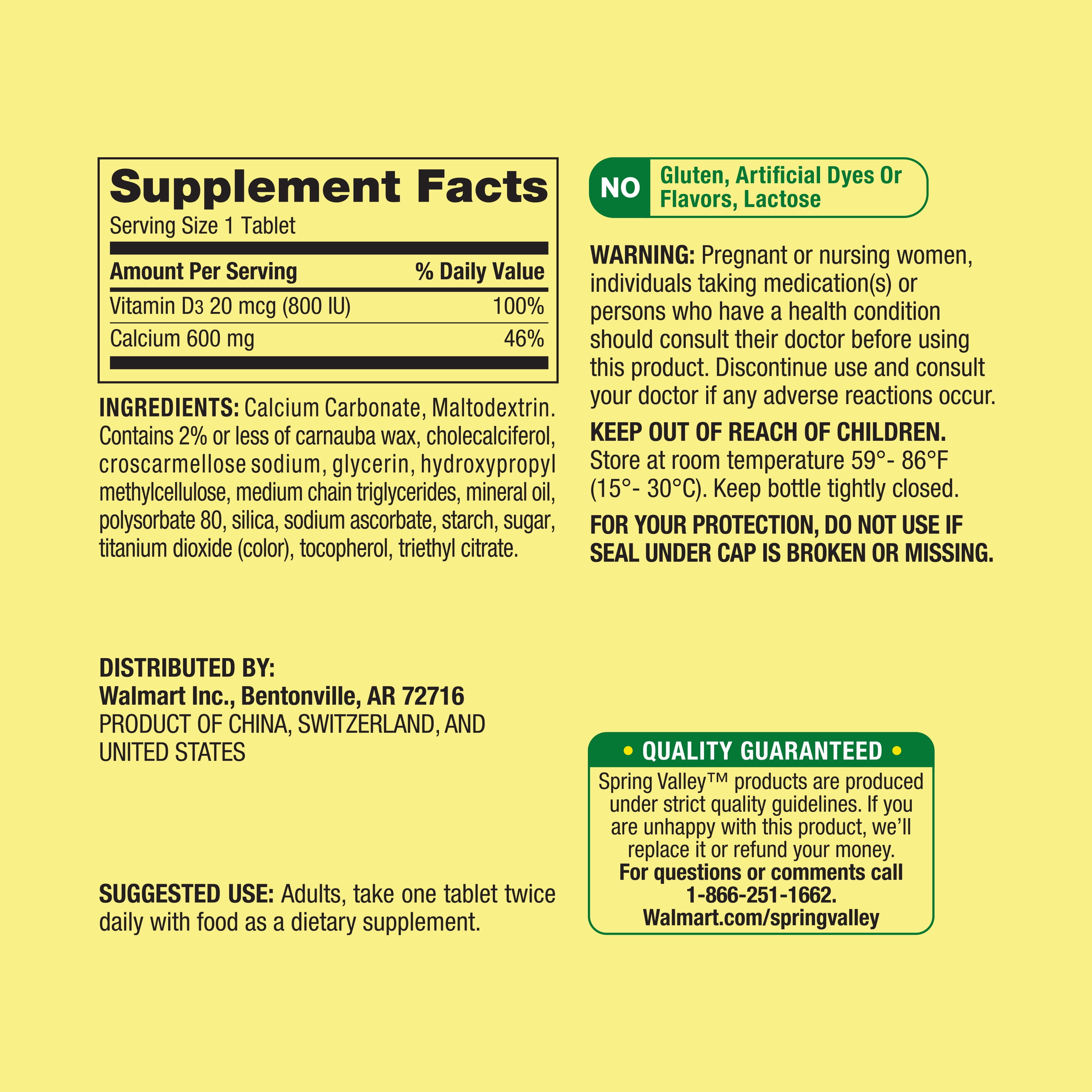 Calcium Plus Vitamin D Tablets, 600 mg, 100 Count