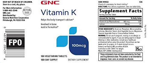 GNC Vitamin K 100mcg, 180 Tablets, Supports Calcium Transport