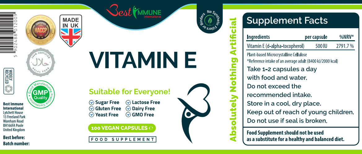 Natural Vitamin E 500iu Vegan Powder Capsules