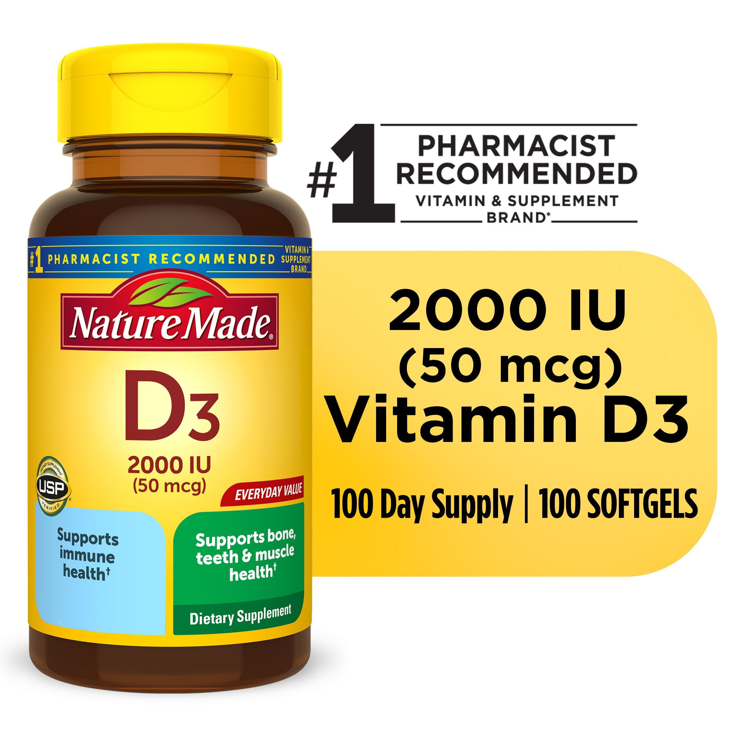 Nature Made Vitamin D3 2000 IU Softgels, 100 Count