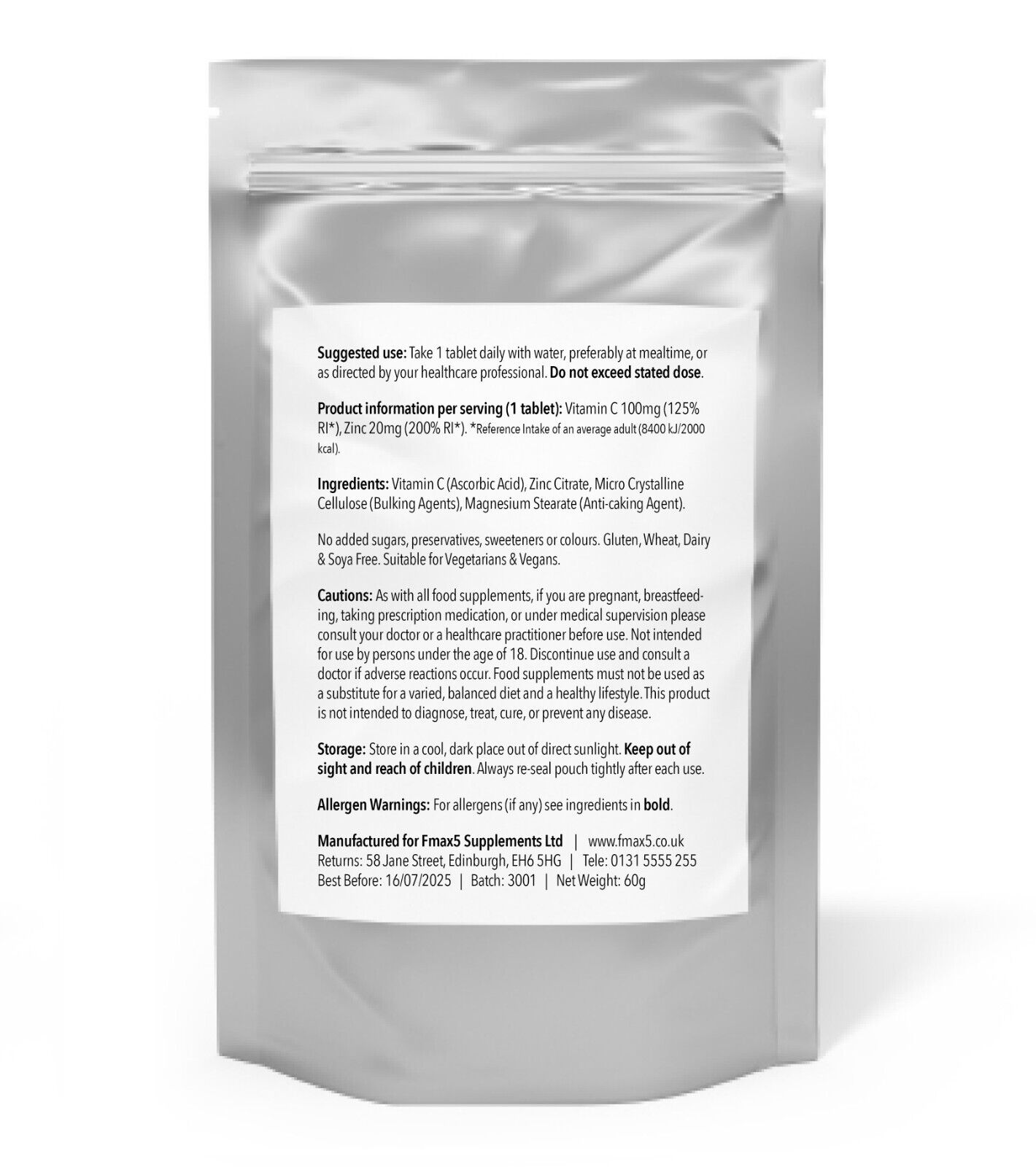 High Strength Vegan Vitamin C with Zinc Tablets