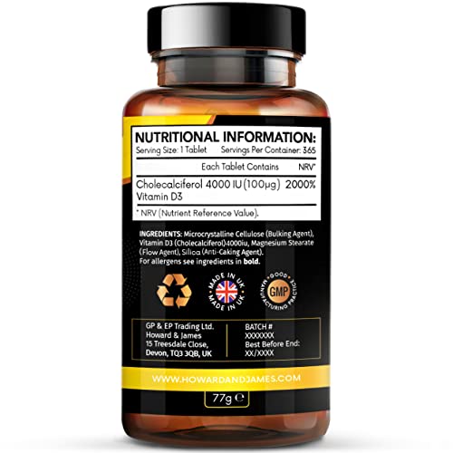 Vitamin D3 4000 IU Vegetarian Tablets - 365 Count