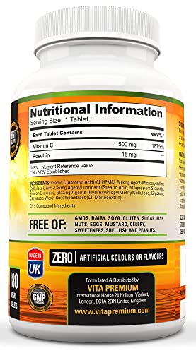 High Strength Vitamin C 1500mg, 180 Vegan Tablets