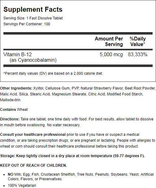 Natrol B-12 Fast Dissolve Strawberry 5,000 mcg 100 Tabs