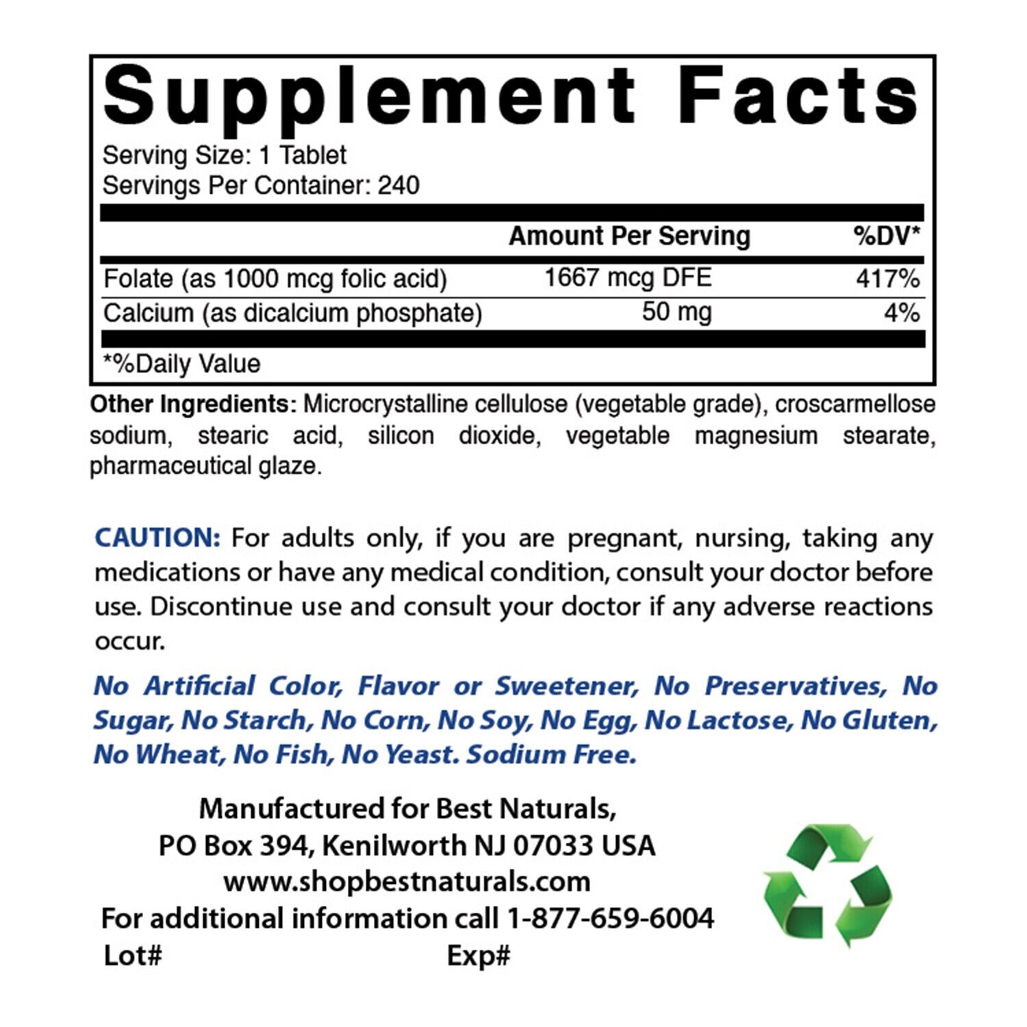 Best Naturals Folic Acid 1000 mcg, 240 Tablets