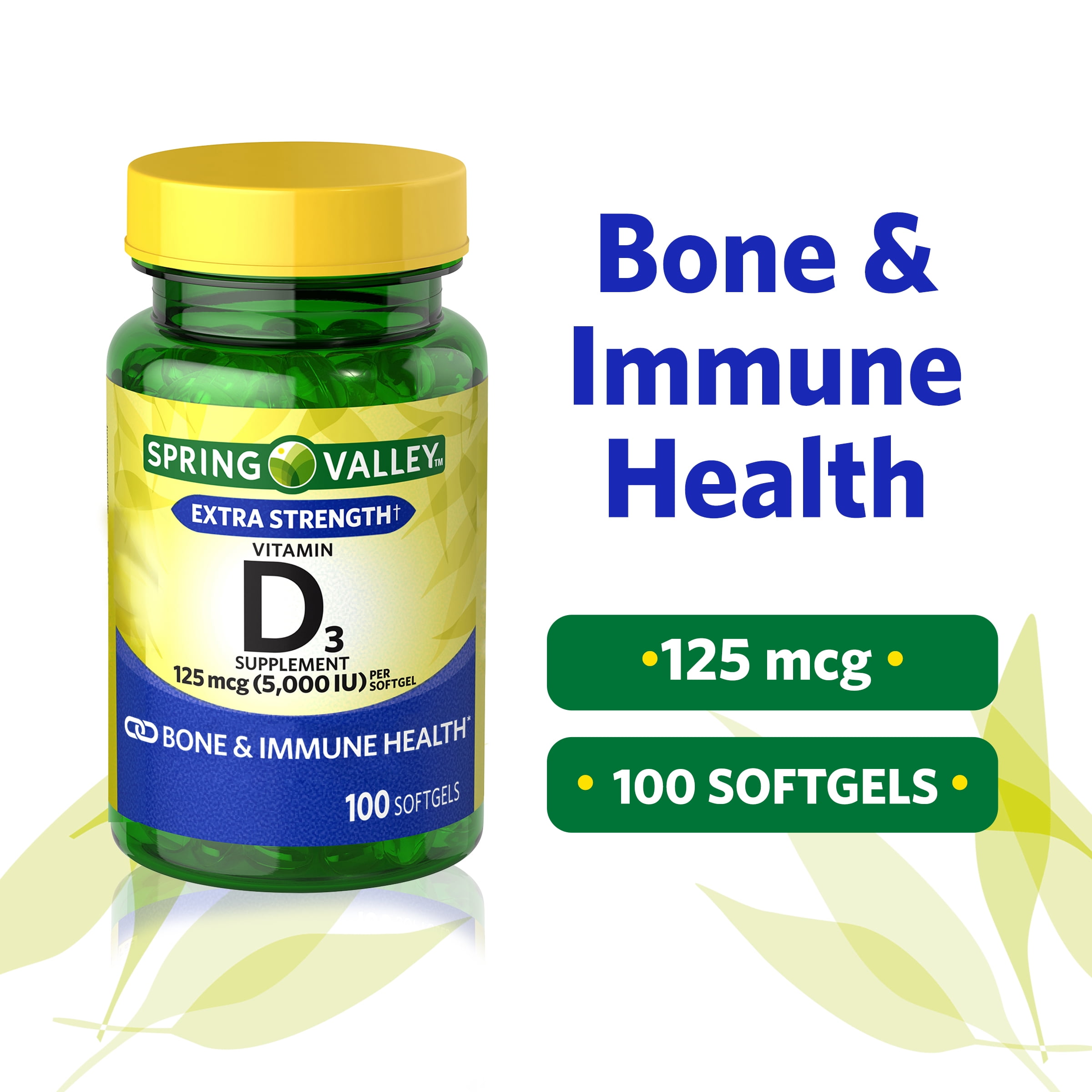 Spring Valley Vitamin D3 Softgels, 5000 IU, 100 Softgels