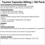 Taurine 800mg Capsules - 180 Vegan Pills