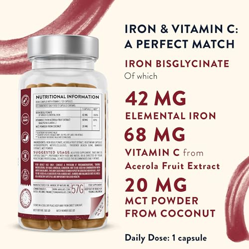 Natural Iron & Vitamin C Supplement - 120 Capsules