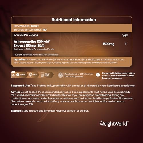 High-Potency Ashwagandha 1500mg - 180 Vegan Tablets
